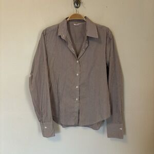 Lorenzi Women's Button Down Shirt Brown Striped Dress Shirt Italy Size 4 M